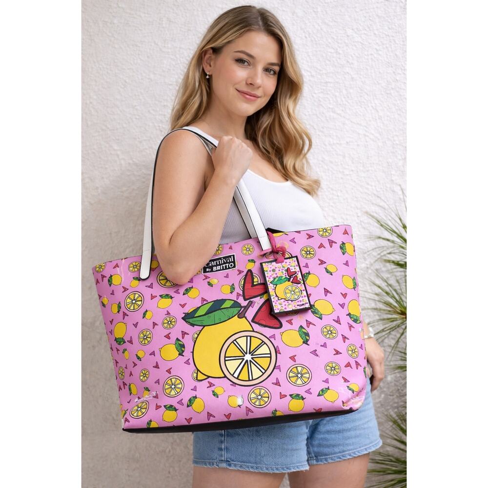 Romero Britto Lemon Tote Bag Pink Carnival Print Shoulder Bag Shopper Beach Boho